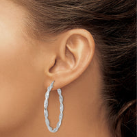 14k White Gold Polished and Textured Twisted Hoop Earrings-TF1972W