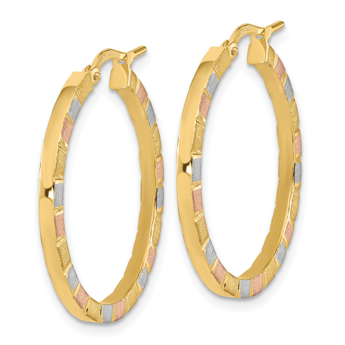 14k w/White & Rose Rhodium Polished & Satin Hoop Earrings-TF1974