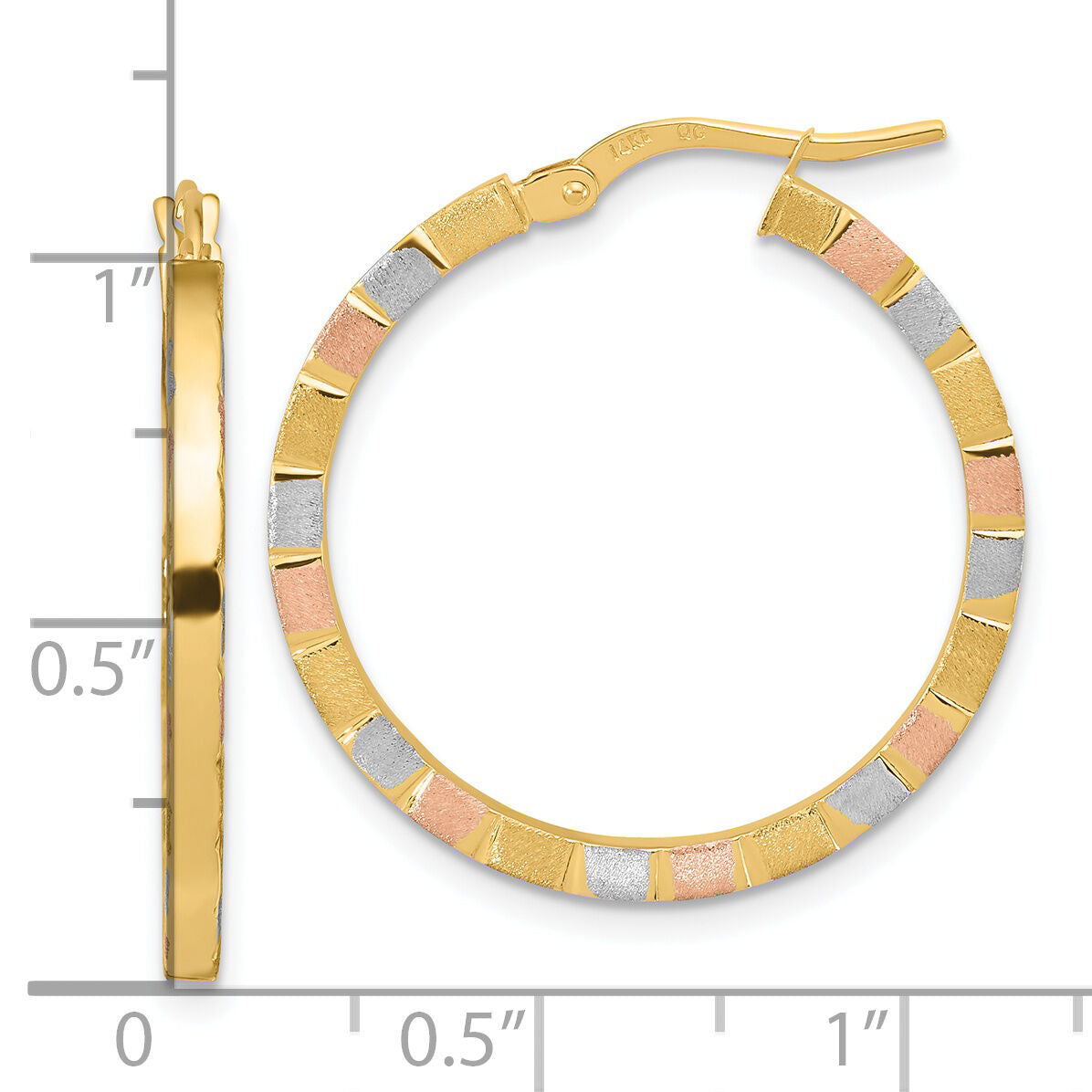 14k w/White & Rose Rhodium Polished & Satin Hoop Earrings-TF1974