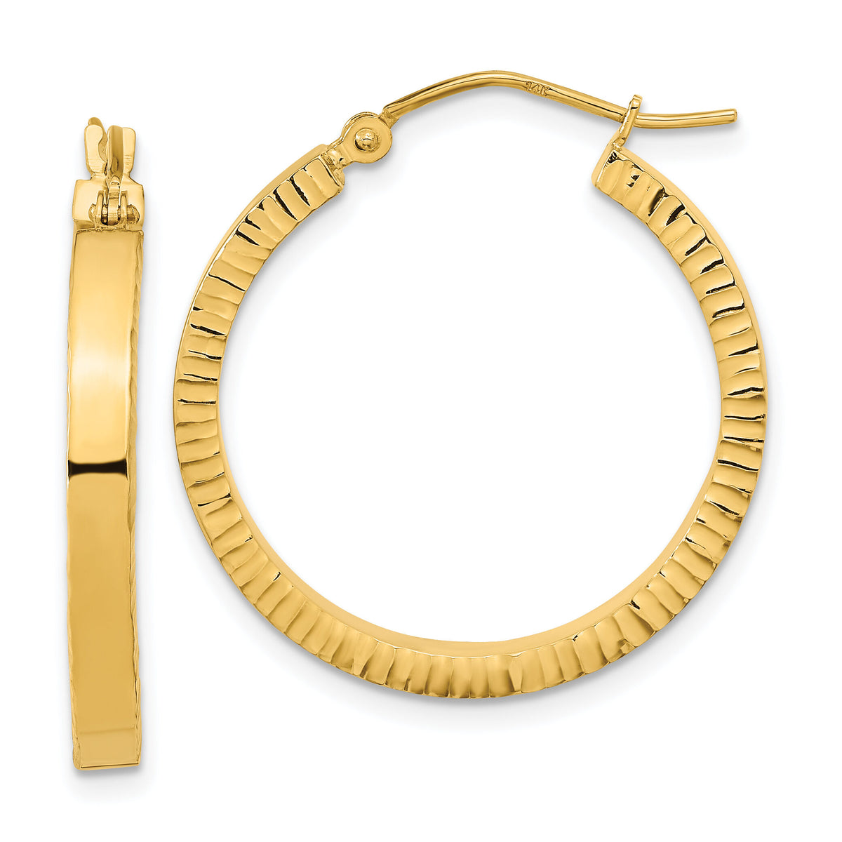 14K Polished and Textured Sides Hoop Earrings-TF1995