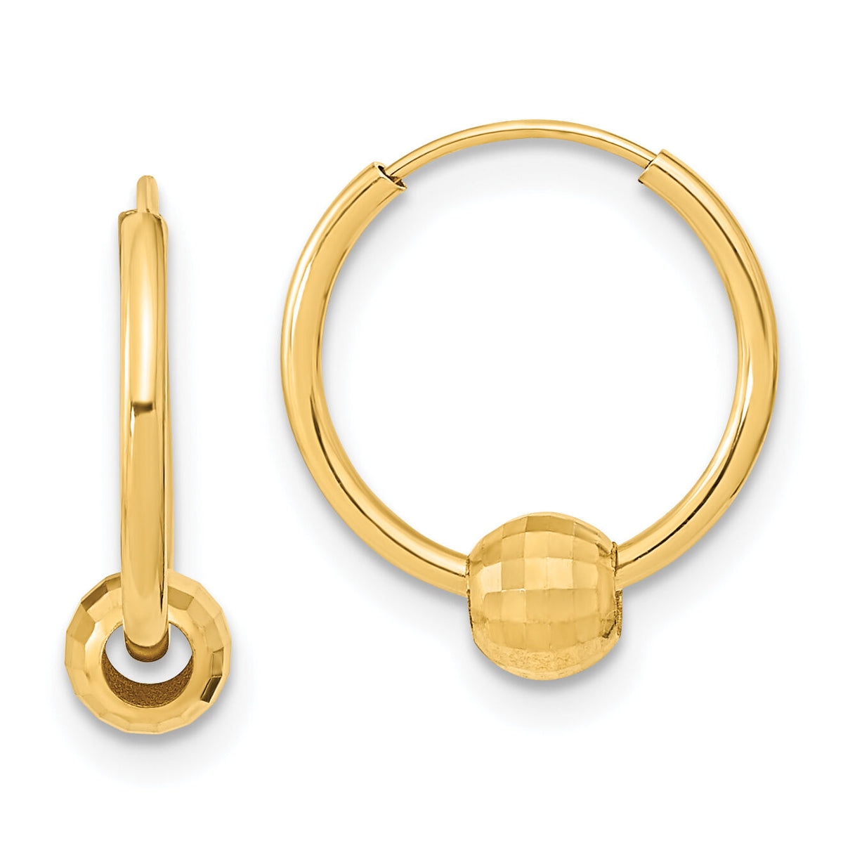 14K Polished with Diamond Cut Ball Hoop Earrings-TF2007
