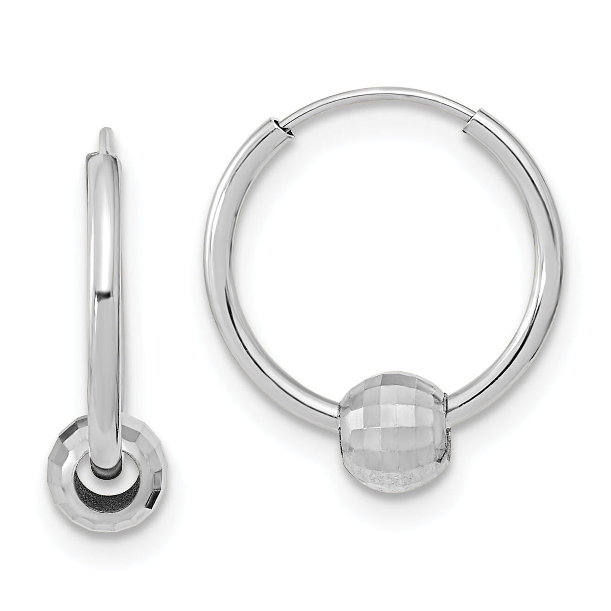 14K White Gold Polished Hoop with a Diamond Cut Ball Earrings-TF2007W