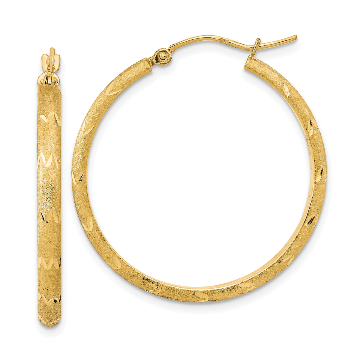 14K Polished and Satin Diamond-cut Hoop Earrings-TF2017