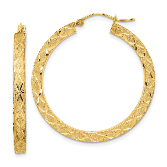 14K Satin Diamond-cut Hoop Earrings-TF2051