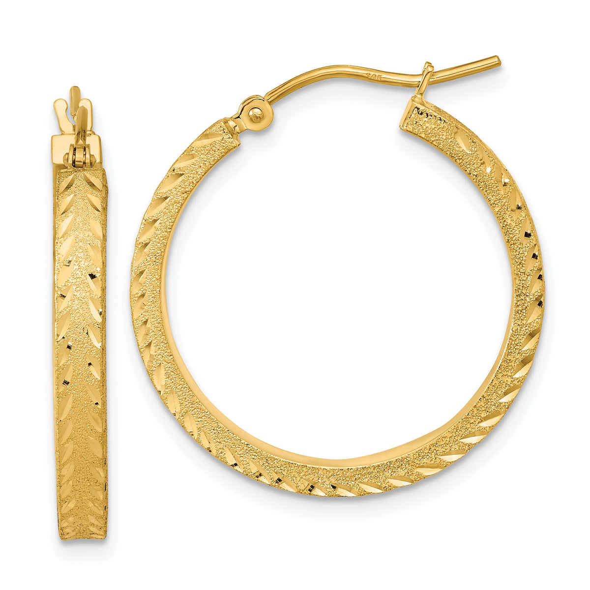 14K Polished Satin Diamond-cut Fancy Hoop Earrings-TF2052