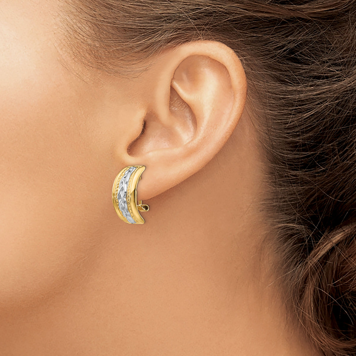 14k Polished & Rhodium Omega Back Post Earrings-TF207