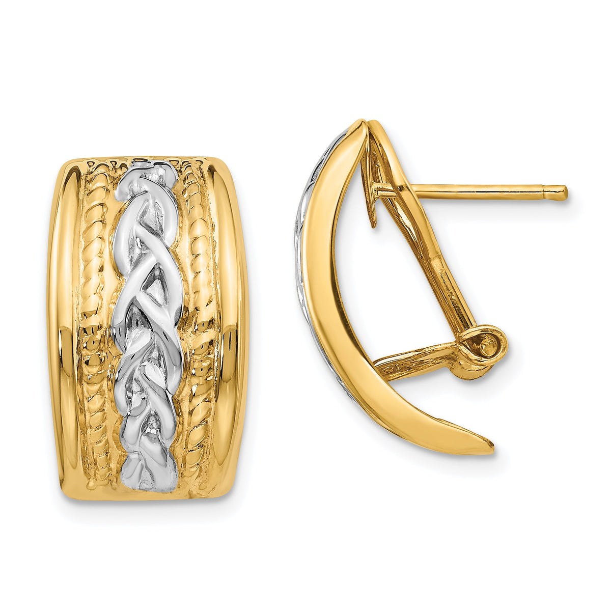 14k Polished & Rhodium Omega Back Post Earrings-TF207