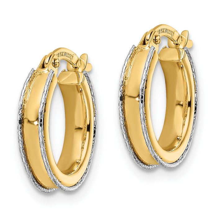 14k Two-tone Diamond-cut Edge 3x14mm Round Hoop Earrings-TF2071
