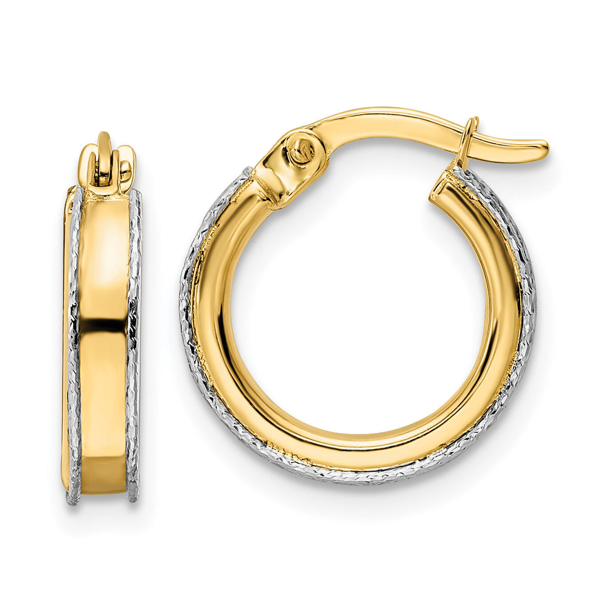 14k Two-tone Diamond-cut Edge 3x14mm Round Hoop Earrings-TF2071