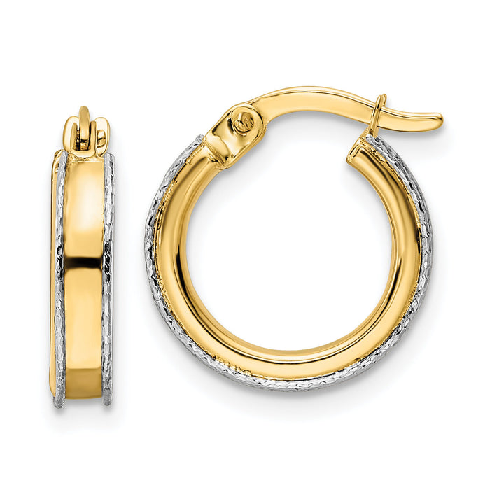 14k Two-tone Diamond-cut Edge 3x14mm Round Hoop Earrings-TF2071