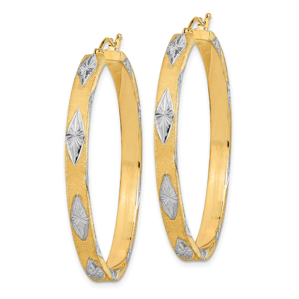 14K White Rhodium Polished Satin Diamond-cut Fancy Hoop Earrings-TF2075