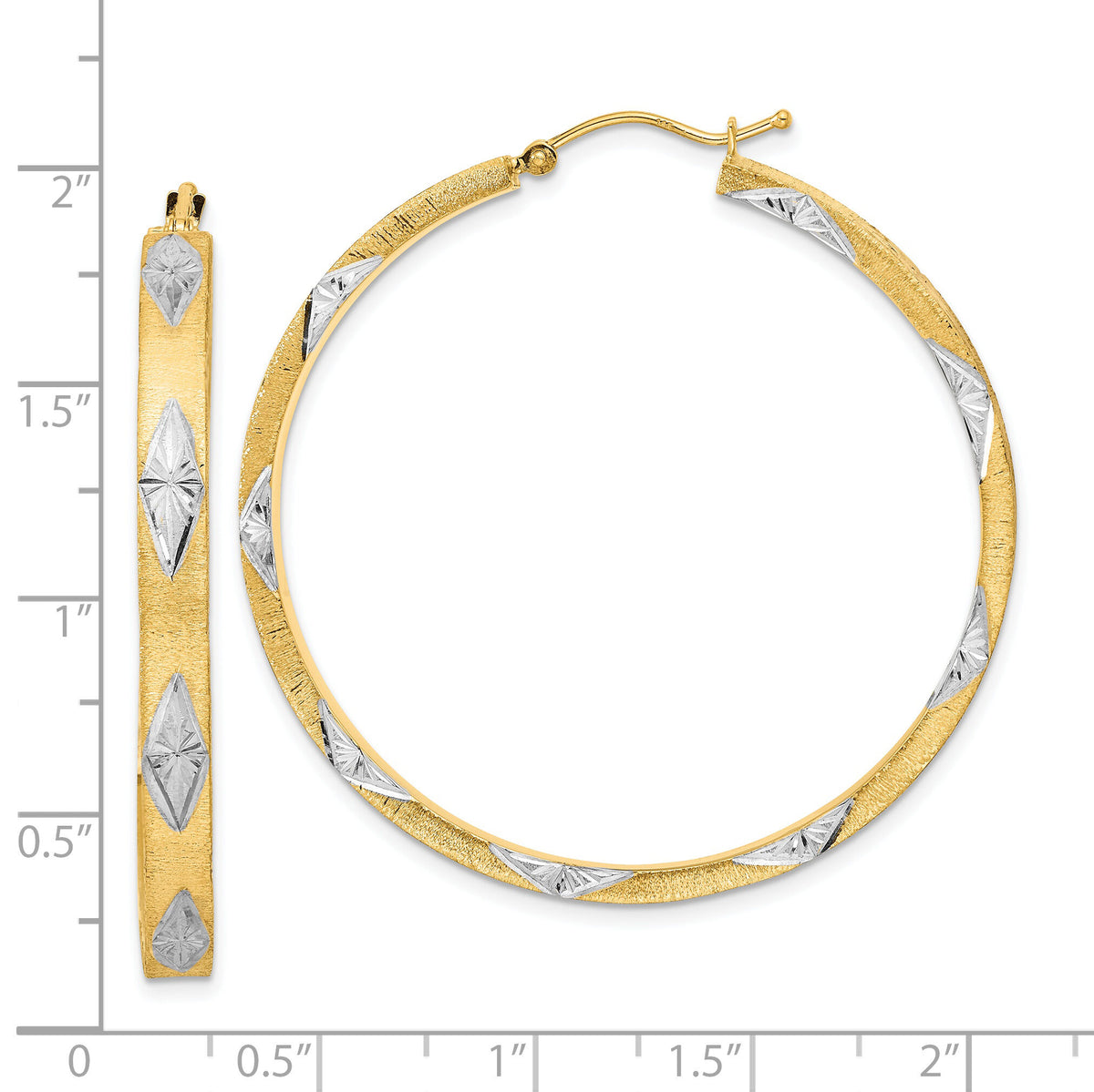 14K White Rhodium Polished Satin Diamond-cut Fancy Hoop Earrings-TF2075
