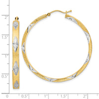 14K White Rhodium Polished Satin Diamond-cut Fancy Hoop Earrings-TF2075