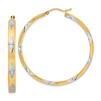 14K White Rhodium Polished Satin Diamond-cut Fancy Hoop Earrings-TF2075
