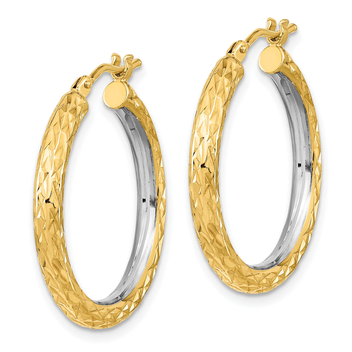14k White Rhodium Polished Diamond-cut 3mm Circle Hoop Earrings-TF2077