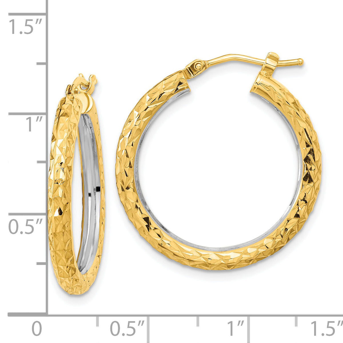 14k White Rhodium Polished Diamond-cut 3mm Circle Hoop Earrings-TF2077