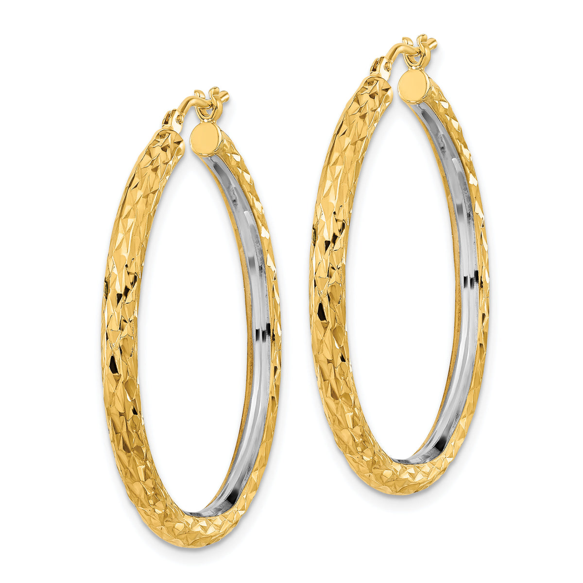 14k White Rhodium Polished Diamond-cut 3mm Circle Hoop Earrings-TF2078
