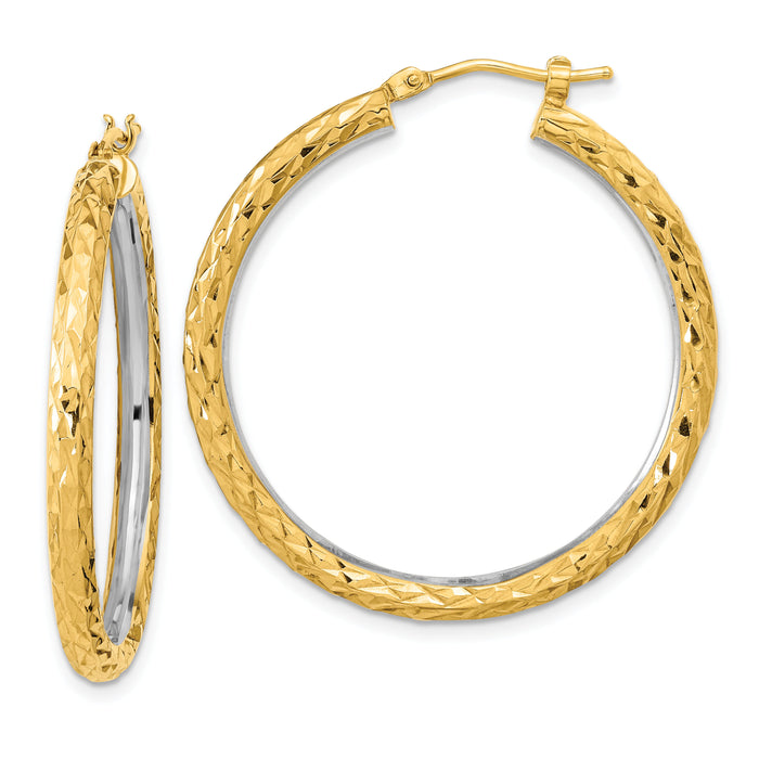 14k White Rhodium Polished Diamond-cut 3mm Circle Hoop Earrings-TF2078