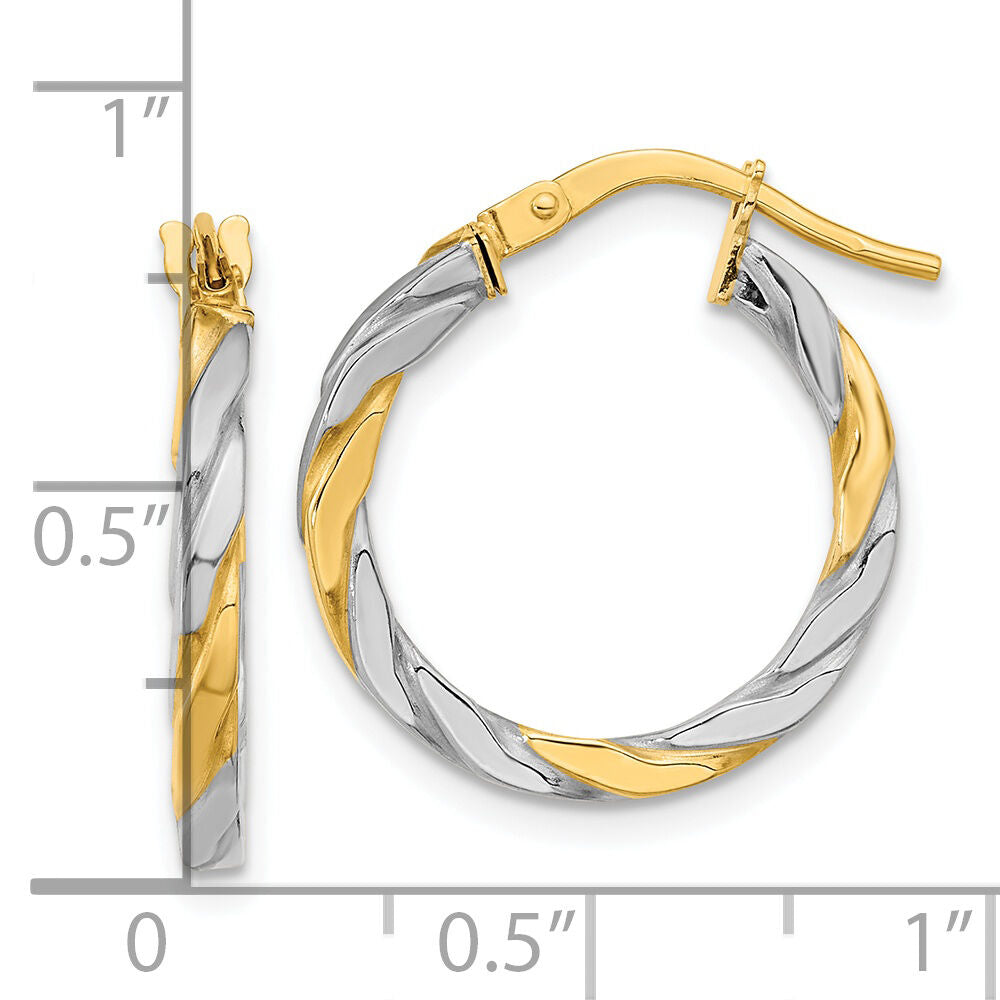 14K & White Rhodium Polished & Twist Hoop Earrings-TF2083