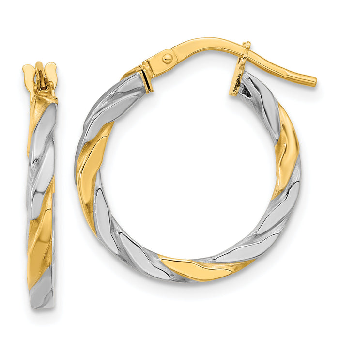 14K & White Rhodium Polished & Twist Hoop Earrings-TF2083