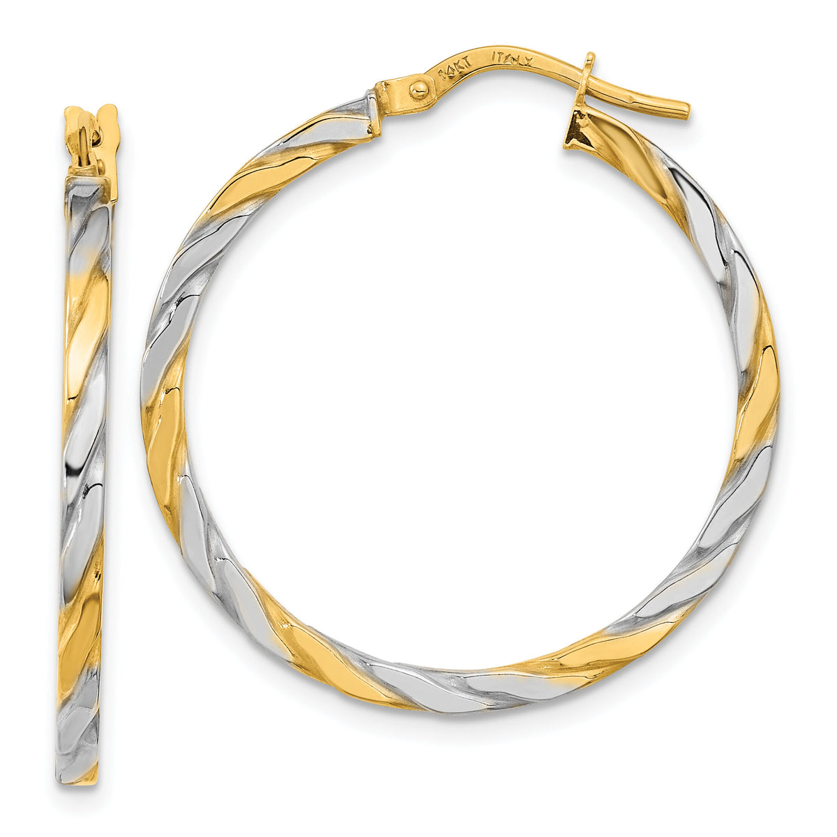 14K & White Rhodium Polished & Twist Hoop Earrings-TF2084