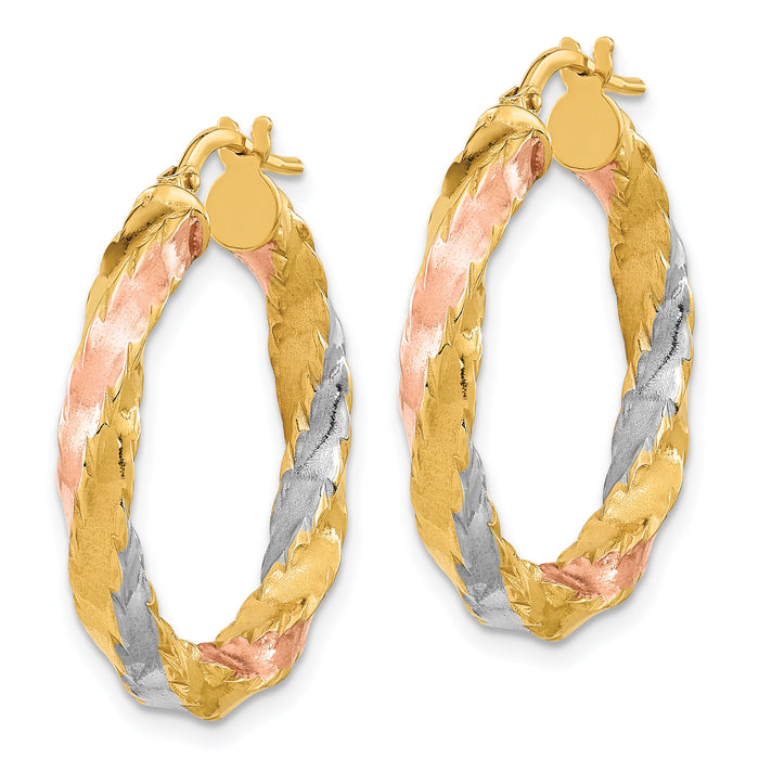 14K with Rose & White Rhodium Polished Twisted Hoop Earrings-TF2089