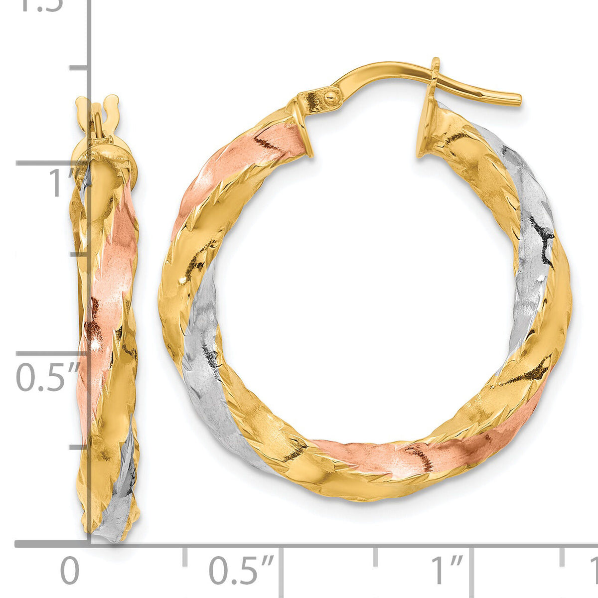 14K with Rose & White Rhodium Polished Twisted Hoop Earrings-TF2089