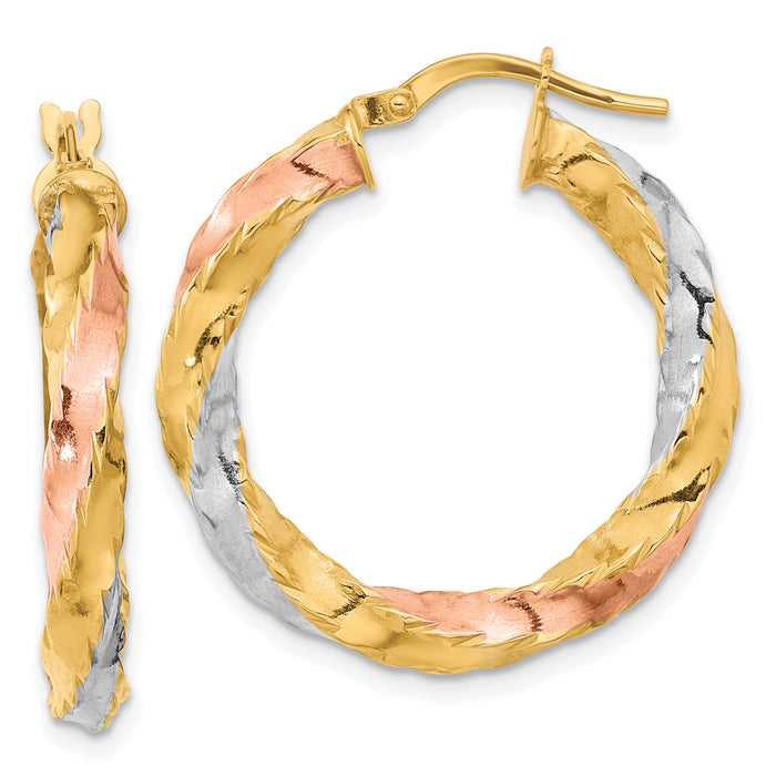 14K with Rose & White Rhodium Polished Twisted Hoop Earrings-TF2089