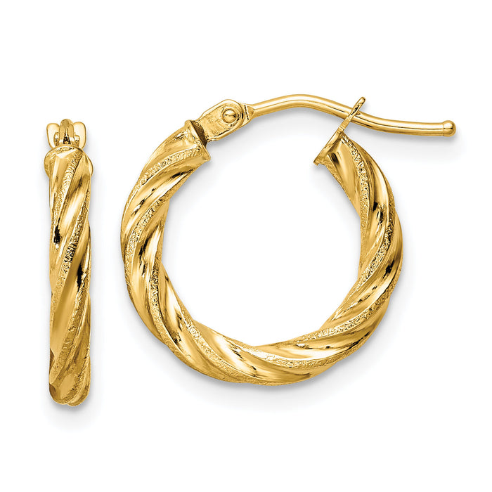 14k Polished & Textured Twisted Hoop Earrings-TF2098