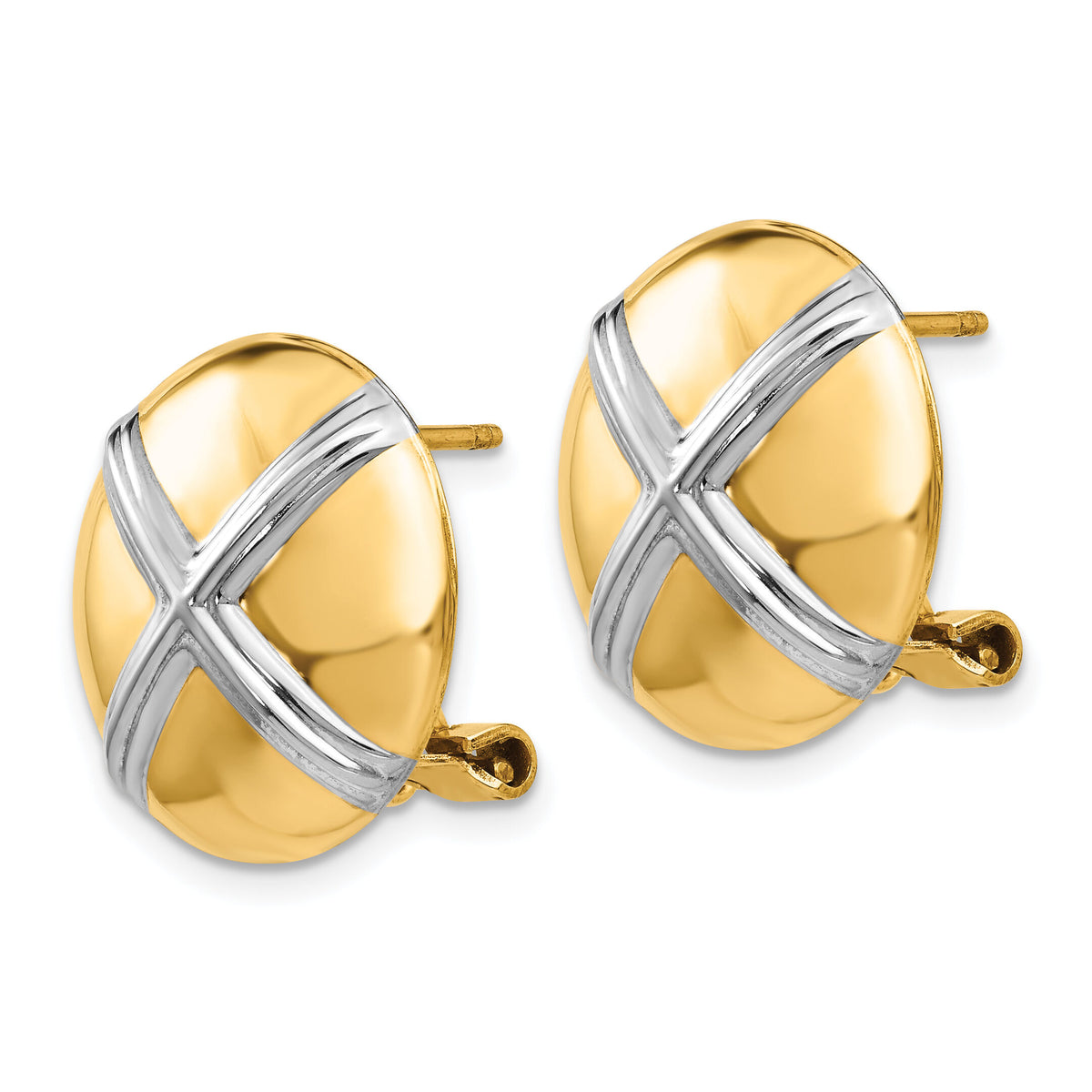 14k Polished & Rhodium X Omega Back Post Earrings-TF212