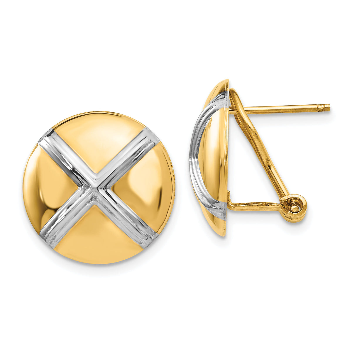14k Polished & Rhodium X Omega Back Post Earrings-TF212