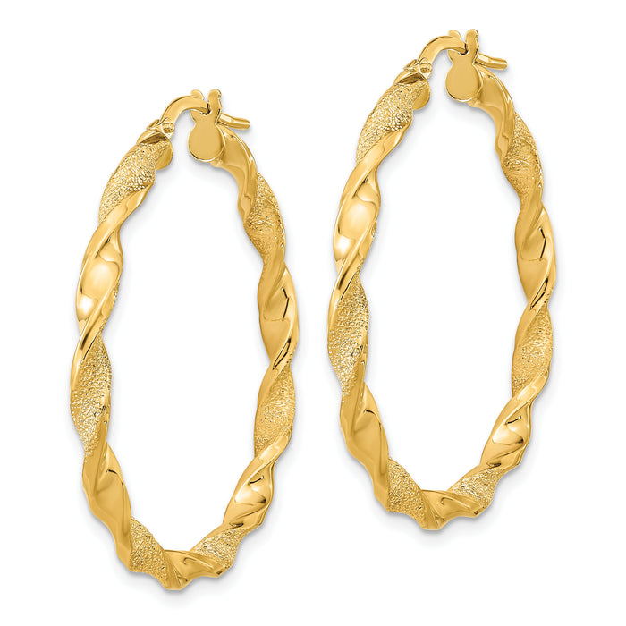 14K Polished and Textured Twisted Hoop Earrings-TF2123