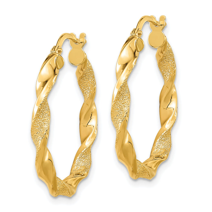 14K Polished and Textured Twisted Hoop Earrings-TF2124