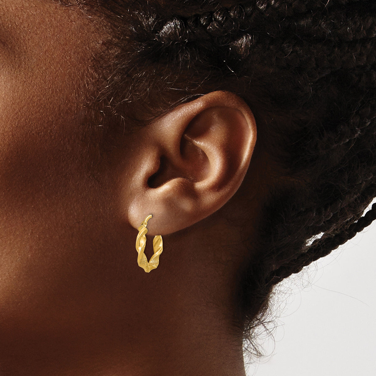 14K Polished and Textured Twisted Hoop Earrings-TF2125