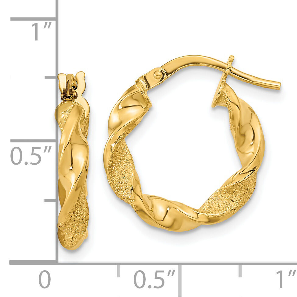 14K Polished and Textured Twisted Hoop Earrings-TF2125