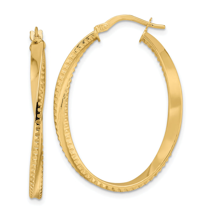 14K Polished Twisted Oval Hoop Earrings-TF2144