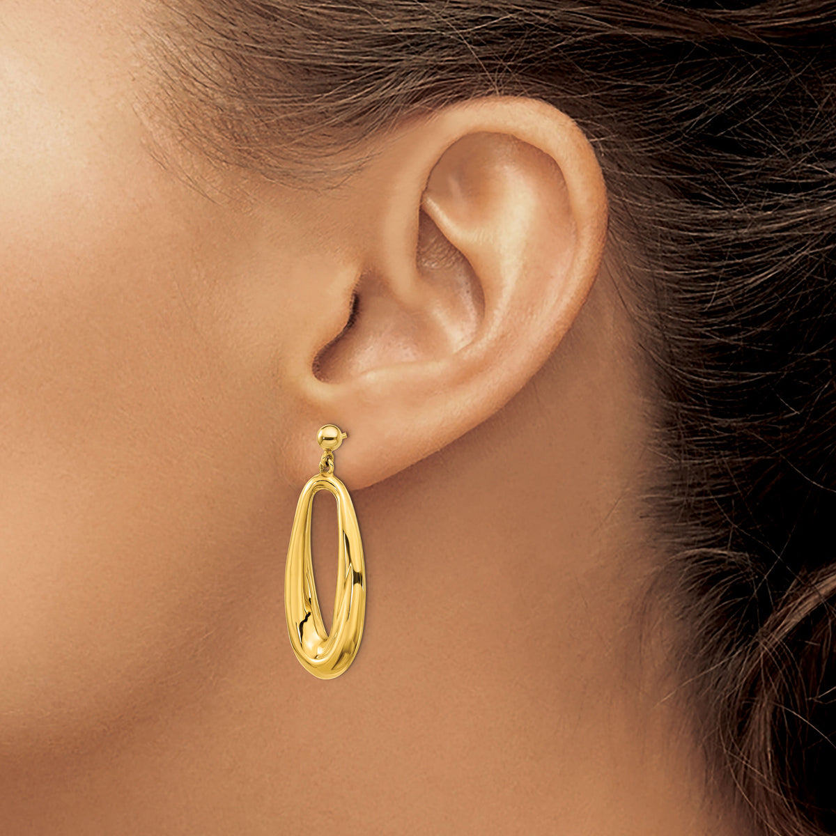 14K Polished Hollow Oval Hollow Post Dangle Earrings-TF2165