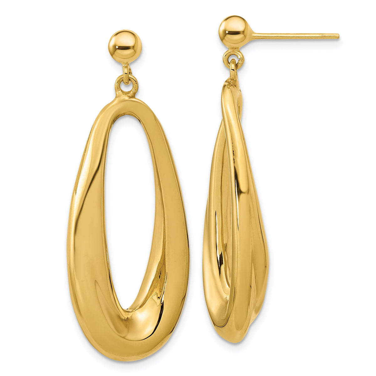 14K Polished Hollow Oval Hollow Post Dangle Earrings-TF2165