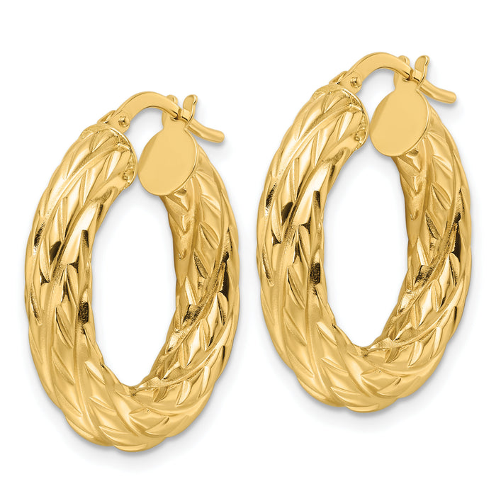 14ky Polished Woven Texture 4.75mm Round Hoop Earrings-TF2244