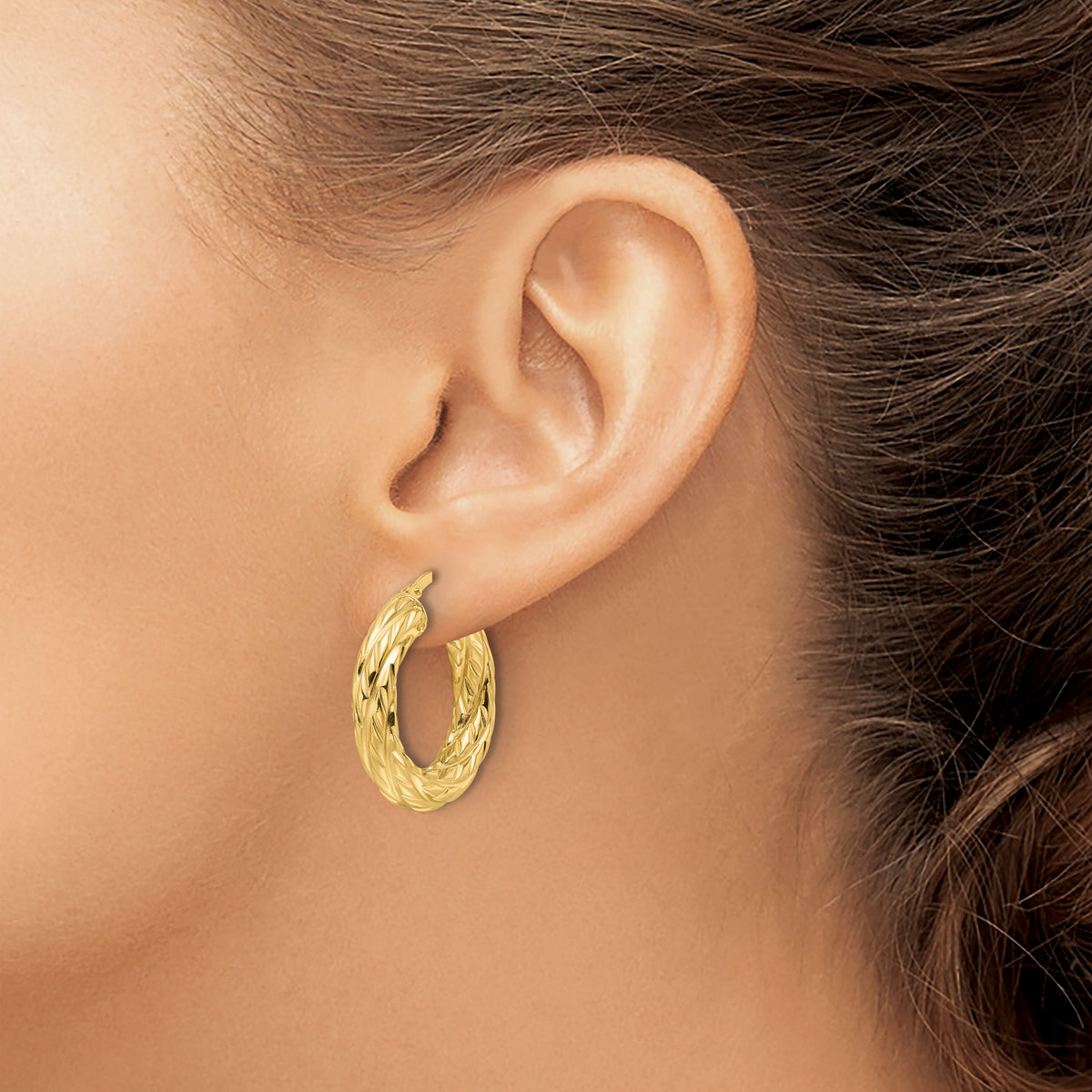 14ky Polished Woven Texture 4.75mm Round Hoop Earrings-TF2244