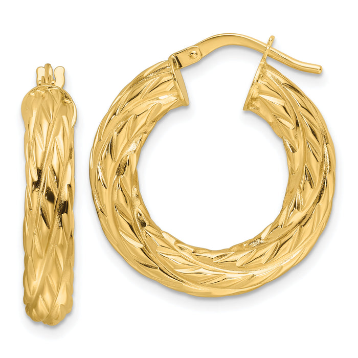 14ky Polished Woven Texture 4.75mm Round Hoop Earrings-TF2244
