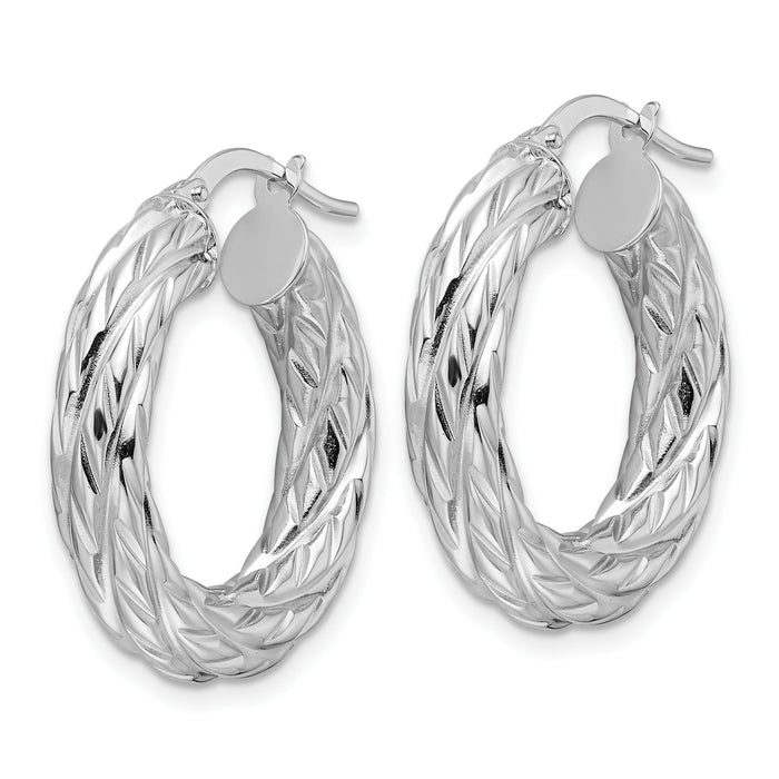 14k White Gold Polished 4.75mm Woven Texture Round Hoop Earrings-TF2244W