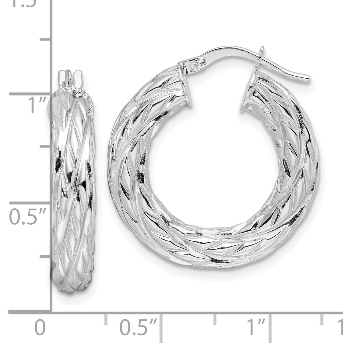 14k White Gold Polished 4.75mm Woven Texture Round Hoop Earrings-TF2244W