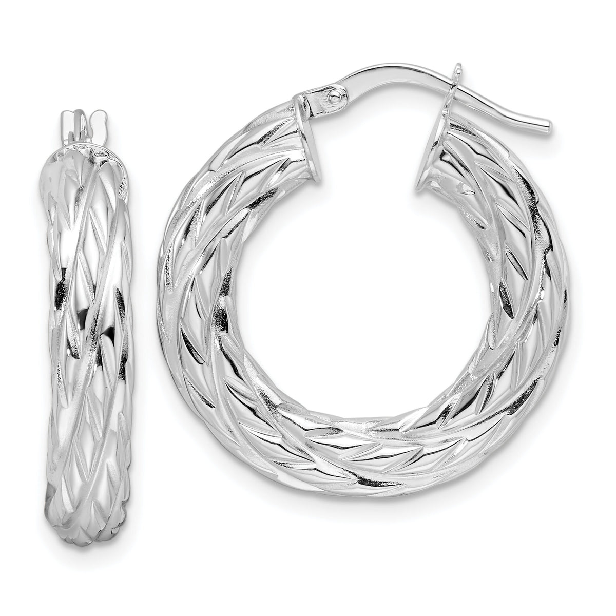 14k White Gold Polished 4.75mm Woven Texture Round Hoop Earrings-TF2244W