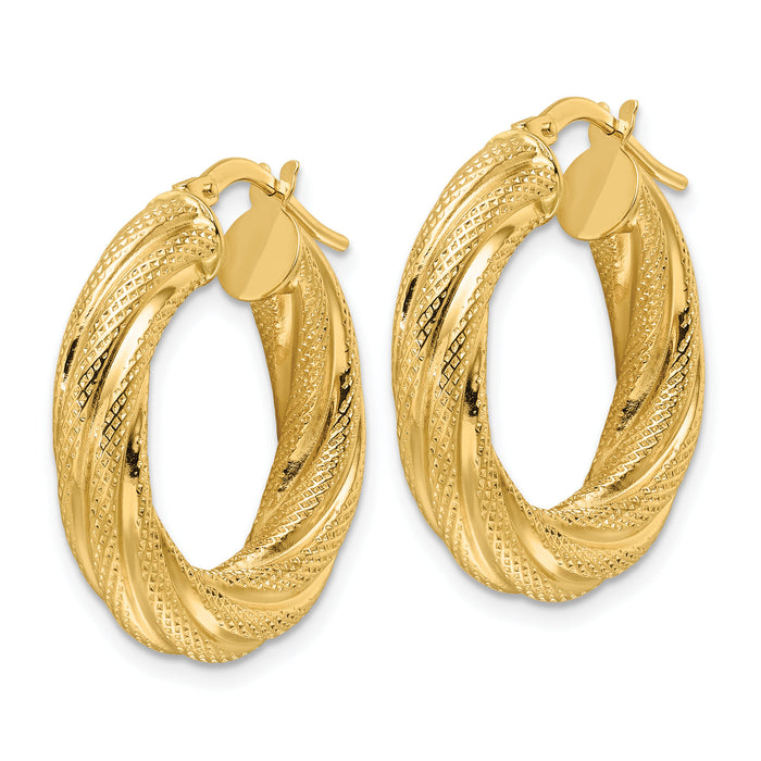 14ky Polished 4.7mm Textured Twist Round Hoop Earrings-TF2245
