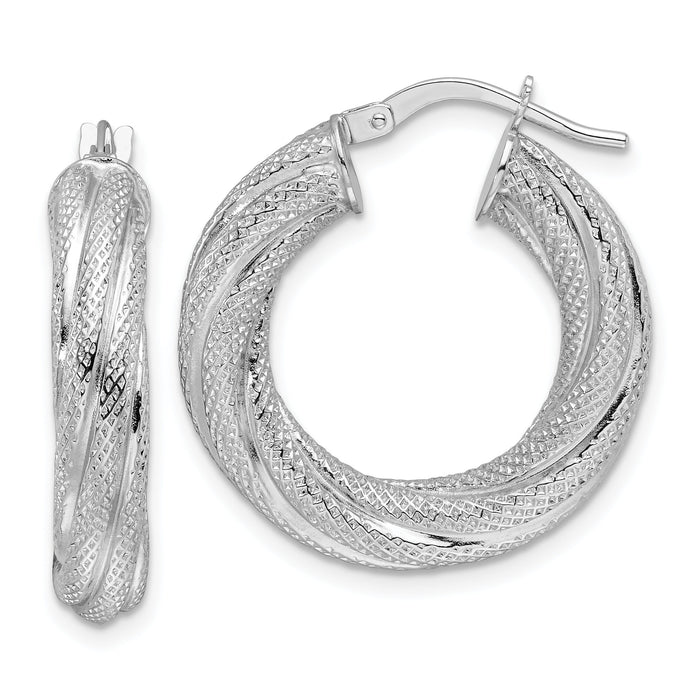 14k White Gold 4.7mm Textured Twisted Round Hoop Earrings-TF2245W