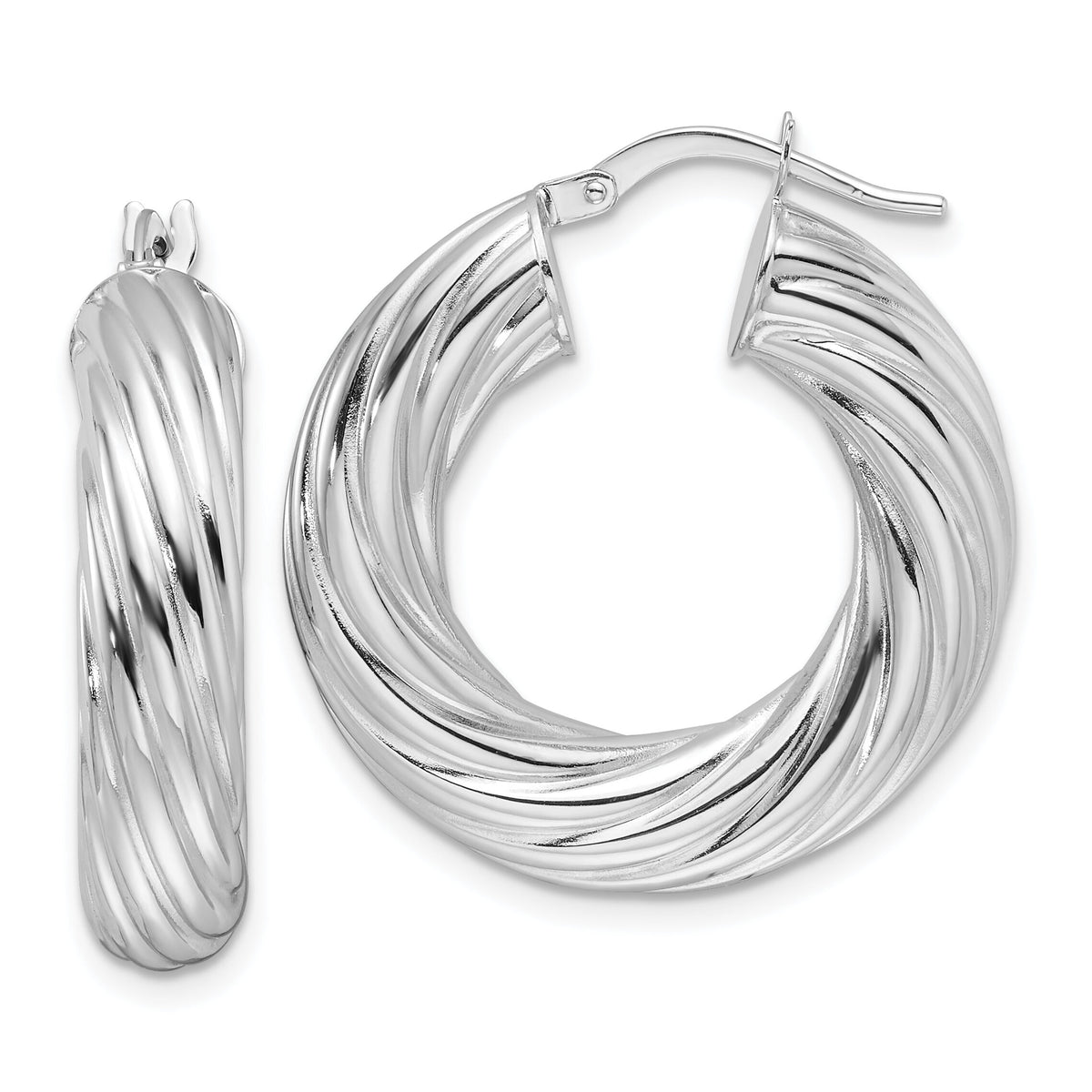 14k White Gold Polished 6mm Twisted Hollow Round Hoop Earrings-TF2246W