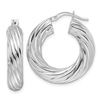 14k White Gold Polished 6mm Twisted Hollow Round Hoop Earrings-TF2246W