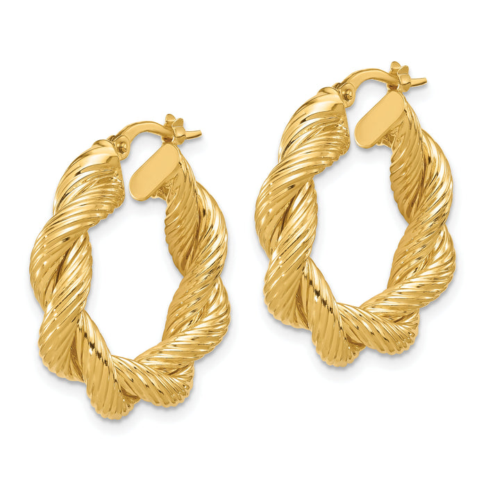 14K Polished and Textured Twisted Hoop Earrings-TF2259