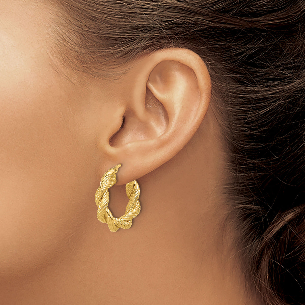 14K Polished and Textured Twisted Hoop Earrings-TF2259